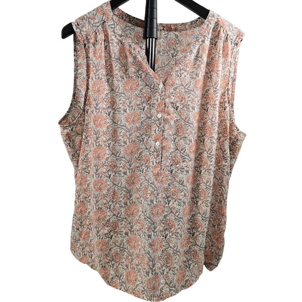 Loft Womens XL Peach Grey Floral Sleeveless Button Front V-Neck Blouse Top